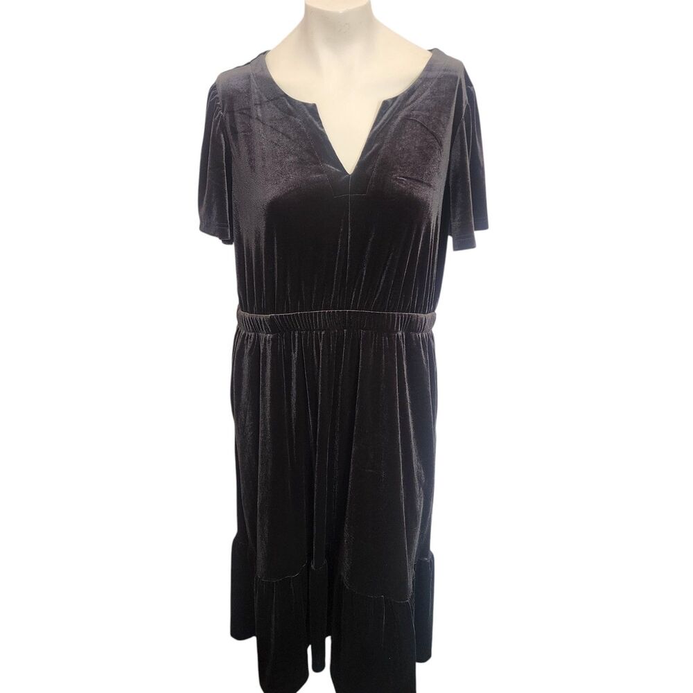 Terra & Sky Velvet Dress 0X Black Tiered Midi Plus Size Stretch Casual